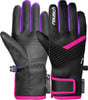 Schwarze Reusch Handschuhe mit lila und pinken Details, wasserdicht.