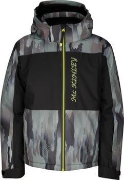 Mc Kinley Skijacke für Jungen mit Camouflage-Muster und neonfarbenem Reißverschluss.