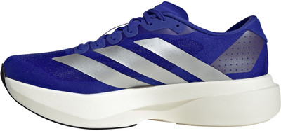 Blauer Adidas-Laufschuh mit weißer Sohle und silbernen Streifen. Blauer Adidas-Laufschuh mit weißer Sohle und silbernen Streifen.