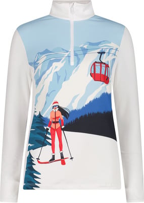 Damen-Ski-Oberteil mit Aufdruck von Bergen, Seilbahn und Skifahrerin.