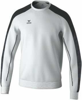 Ein weißes Sweatshirt mit schwarzen Ärmeln und Erima-Logo auf der Brust.