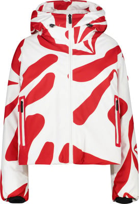 Weiße Jacke mit rotem abstraktem Muster und Kapuze.