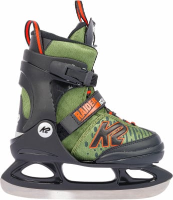 Grüne K2 Kinderschlittschuhe mit orangefarbenen Akzenten und schwarzer Sohle.
