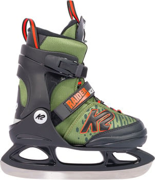 Grüne K2 Kinderschlittschuhe mit orangefarbenen Akzenten und schwarzer Sohle.