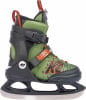 Grüne K2 Kinderschlittschuhe mit orangefarbenen Akzenten und schwarzer Sohle.