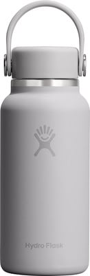 Graue Hydro Flask Flasche mit Henkel und Logo, Nahaufnahme. Graue Hydro Flask Flasche mit Henkel und Logo, Nahaufnahme.