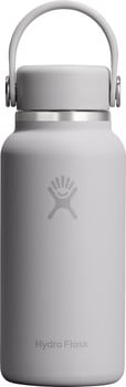 Graue Hydro Flask Flasche mit Henkel und Logo, Nahaufnahme.