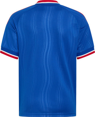 Ein blaues T-Shirt mit kurzen Ärmeln und roter Paspel am Kragen und den Ärmeln. Ein blaues T-Shirt mit kurzen Ärmeln und roter Paspel am Kragen und den Ärmeln.