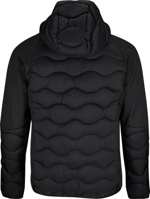 Schwarze Steppjacke mit Kapuze und Fleeceärmeln.