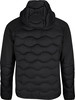 Schwarze Steppjacke mit Kapuze und Fleeceärmeln.