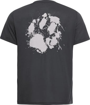 Dunkles T-Shirt mit einem Pfotenabdruck und Farbspritzern.
