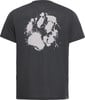 Dunkles T-Shirt mit einem Pfotenabdruck und Farbspritzern.