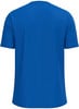 Rückseite eines blauen T-Shirts mit kurzen Ärmeln und Rundhalsausschnitt.