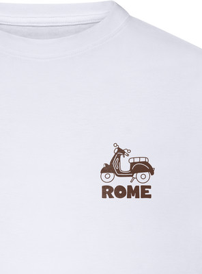 Weißes T-Shirt mit braunem Roller-Aufdruck und Schriftzug ROME. Weißes T-Shirt mit braunem Roller-Aufdruck und Schriftzug ROME.