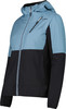 Blaue Jacke mit schwarzen Einsätzen und Kapuze, Reißverschluss und CMP-Logo.