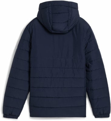 Rückansicht einer dunkelblauen Steppjacke mit Kapuze. Rückansicht einer dunkelblauen Steppjacke mit Kapuze.