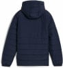 Rückansicht einer dunkelblauen Steppjacke mit Kapuze.