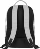 Rückseite eines grauen Rucksacks mit gepolsterten Trägern und atmungsaktivem Mesh.