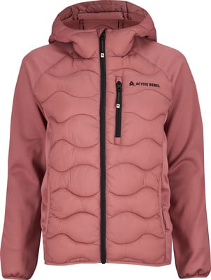 Eine rosafarbene Steppjacke mit Kapuze und schwarzem Reißverschluss, mit Active Rebel Logo.