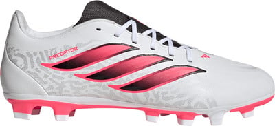 Weiße Adidas Predator Fußballschuhe mit rosa Streifen und schwarzem Absatz.