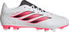 Weiße Adidas Predator Fußballschuhe mit rosa Streifen und schwarzem Absatz.