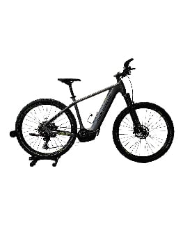Graues E-Bike mit schwarzen Rädern und gelben Akzenten auf weißem Hintergrund.