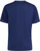 Rückseite eines dunkelblauen T-Shirts mit weißem Kragen und Ärmelbündchen.