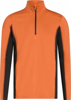 Orangefarbener Pullover mit schwarzen Seitenteilen und Reißverschluss am Kragen. Orangefarbener Pullover mit schwarzen Seitenteilen und Reißverschluss am Kragen.