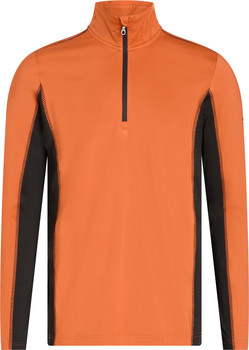 Orangefarbener Pullover mit schwarzen Seitenteilen und Reißverschluss am Kragen.