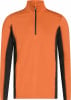 Orangefarbener Pullover mit schwarzen Seitenteilen und Reißverschluss am Kragen.