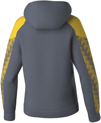 Rückansicht eines grauen Hoodies mit gelben Ärmeln und Muster. Rückansicht eines grauen Hoodies mit gelben Ärmeln und Muster.