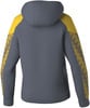 Rückansicht eines grauen Hoodies mit gelben Ärmeln und Muster.