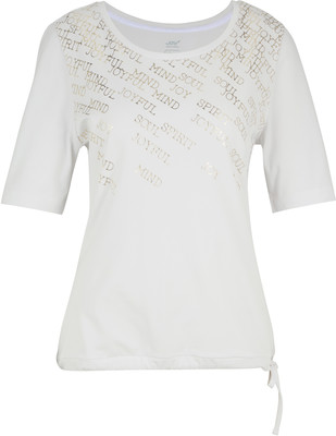 Weißes T-Shirt mit kurzen Ärmeln und goldenem Wortdruck Weißes T-Shirt mit kurzen Ärmeln und goldenem Wortdruck