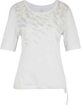 Weißes T-Shirt mit kurzen Ärmeln und goldenem Wortdruck