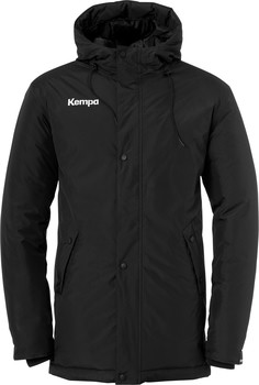 Schwarze Kempa Jacke mit Kapuze und Logo auf der linken Brust.