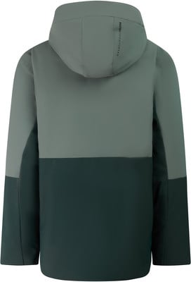 Rückseite einer Herrenjacke mit Kapuze in Dunkelgrün und Hellgraugrün. Rückseite einer Herrenjacke mit Kapuze in Dunkelgrün und Hellgraugrün.