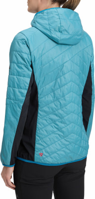 Rückansicht einer Damen-Türkis-Steppjacke mit schwarzen Seiten. Rückansicht einer Damen-Türkis-Steppjacke mit schwarzen Seiten.