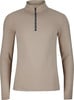 Damen-Top in Beige mit langen Ärmeln und kurzem Reißverschluss am Kragen.