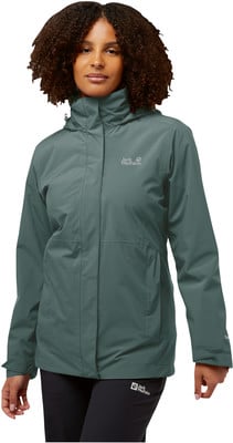 Damen-Regenjacke in Grün mit Kapuze und Jack Wolfskin-Logo. Damen-Regenjacke in Grün mit Kapuze und Jack Wolfskin-Logo.