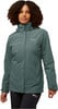 Damen-Regenjacke in Grün mit Kapuze und Jack Wolfskin-Logo.
