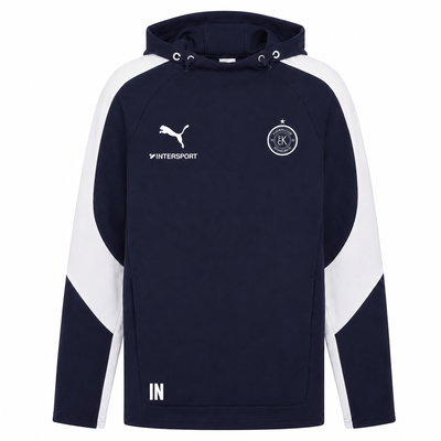 Marineblaue Kapuzenjacke mit weißen Ärmeln und Logos von Puma, Intersport und EK.