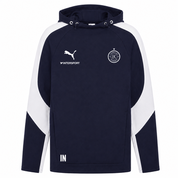 Marineblaue Kapuzenjacke mit weißen Ärmeln und Logos von Puma, Intersport und EK.