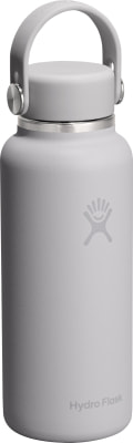 Graue Hydro Flask Flasche mit Griff und Logo. Graue Hydro Flask Flasche mit Griff und Logo.