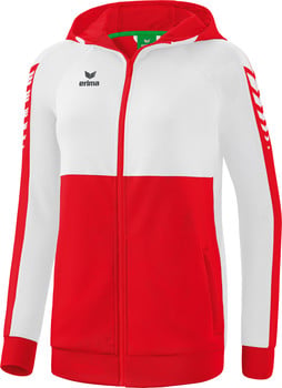 Weiße Jacke mit rotem Unterteil und Erima-Logo auf der Brust.