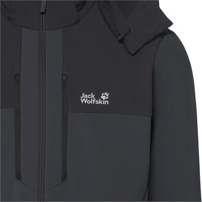 Detail einer Jack Wolfskin Jacke mit Logo und Reißverschluss. Detail einer Jack Wolfskin Jacke mit Logo und Reißverschluss.
