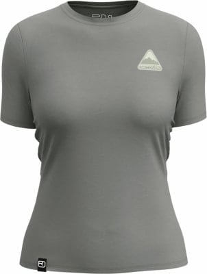 Graues Damen-T-Shirt mit kurzen Ärmeln und Berglogo. Graues Damen-T-Shirt mit kurzen Ärmeln und Berglogo.